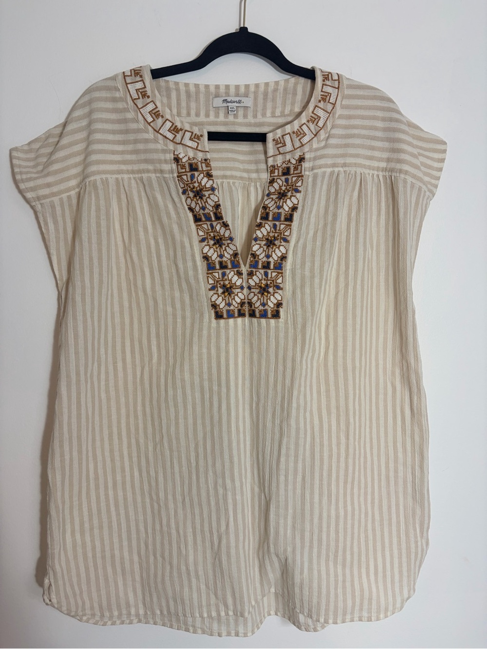 Madewell Cream & Beige Striped Embroidered V-Neck Tunic Top 100% cotton xxl